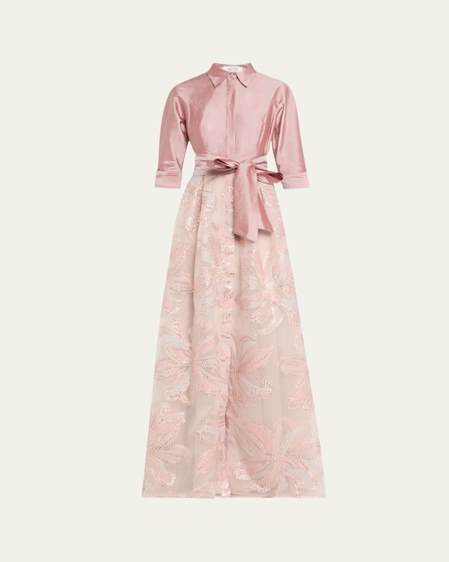 Taffeta & Floral Jacquard Shirt Gown